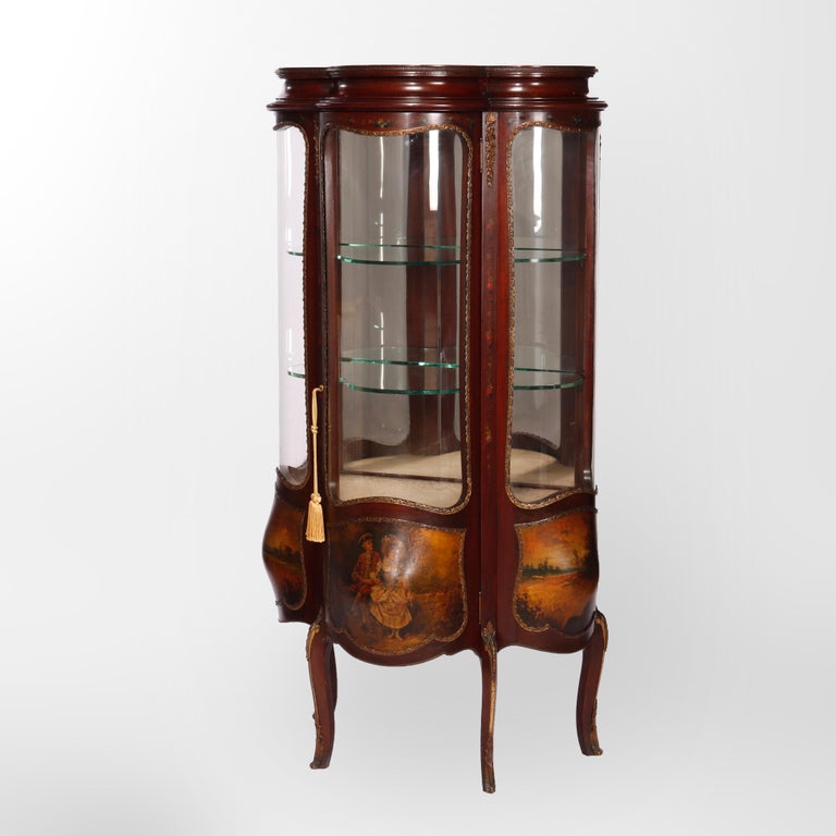 Antique Verni Martin Decorated Mahogany & Ormolu Curved Glass Vitrine, 19th C