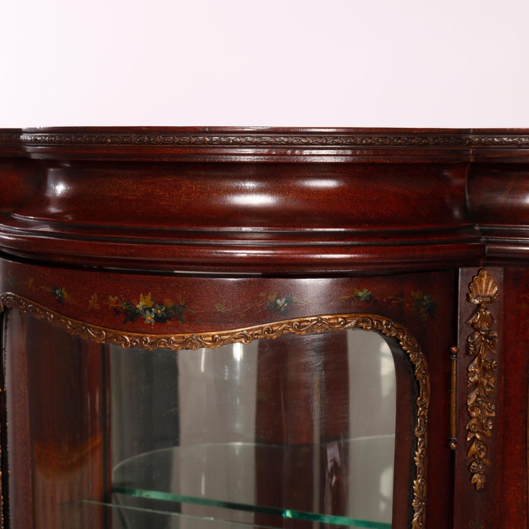 Antique Verni Martin Decorated Mahogany & Ormolu Curved Glass Vitrine, 19th C