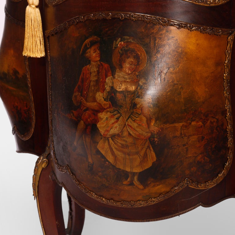 Antique Verni Martin Decorated Mahogany & Ormolu Curved Glass Vitrine, 19th C
