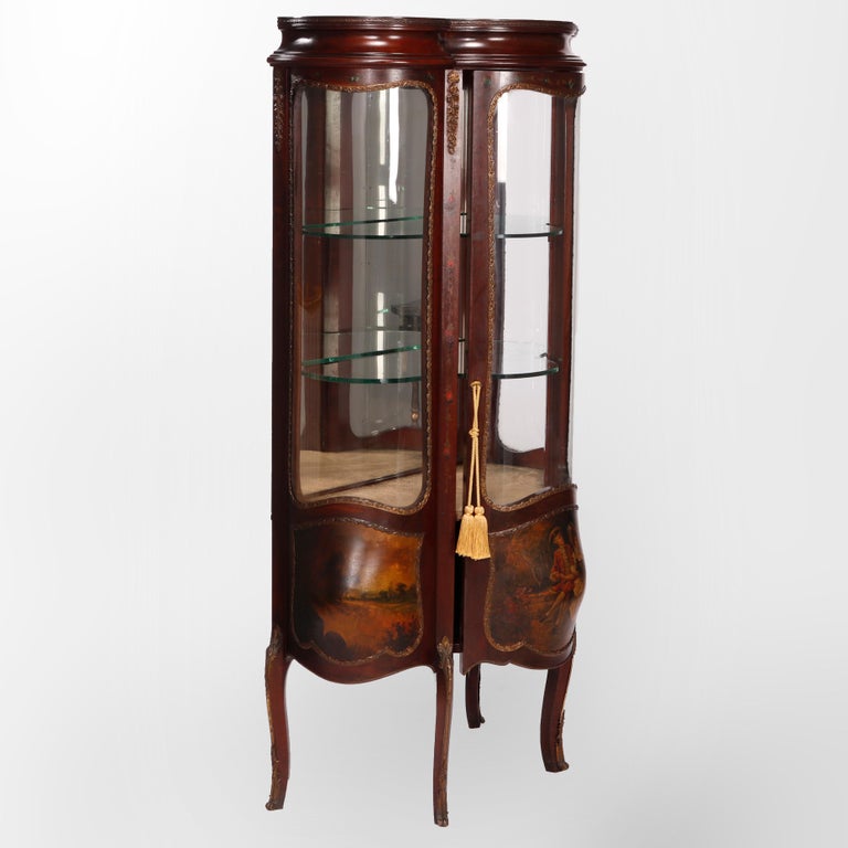 Antique Verni Martin Decorated Mahogany & Ormolu Curved Glass Vitrine, 19th C