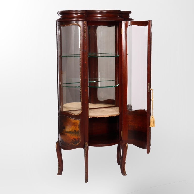 Antique Verni Martin Decorated Mahogany & Ormolu Curved Glass Vitrine, 19th C