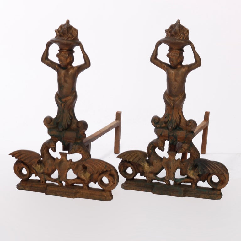 Antique Neoclassical Figural Cast & Wrought Iron Fireplace Andirons, circa 1900