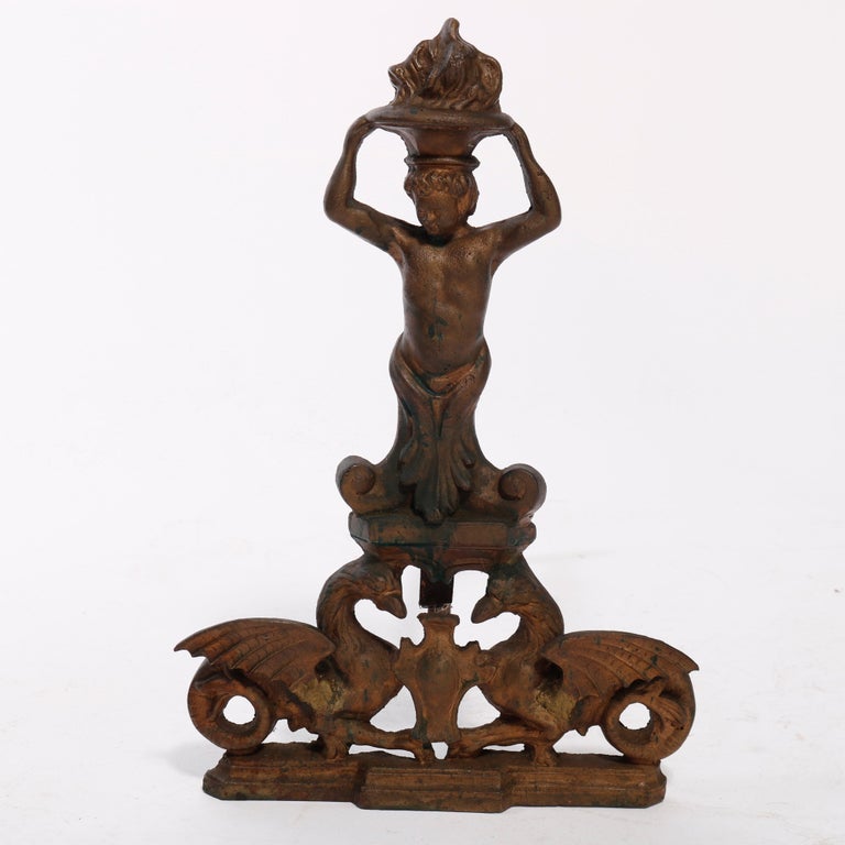Antique Neoclassical Figural Cast & Wrought Iron Fireplace Andirons, circa 1900