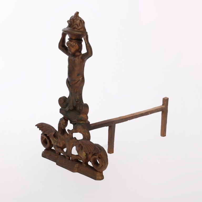Antique Neoclassical Figural Cast & Wrought Iron Fireplace Andirons, circa 1900