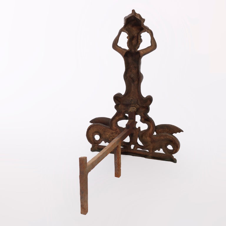 Antique Neoclassical Figural Cast & Wrought Iron Fireplace Andirons, circa 1900