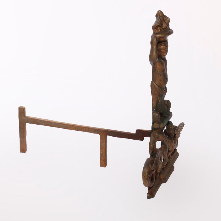Antique Neoclassical Figural Cast & Wrought Iron Fireplace Andirons, circa 1900