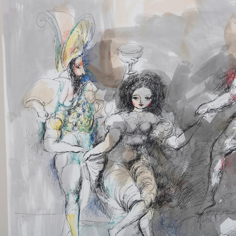 Mid-Century Modern Pen and Watercolor Surreal Courting Scene Signed Emil