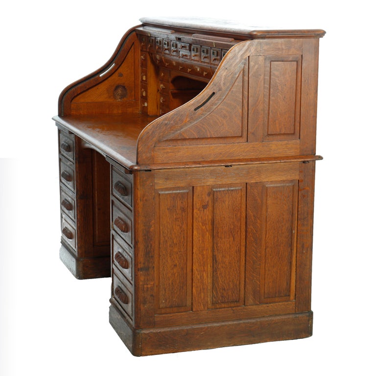 Antique Derby School Paneled Oak Roll Top Desk with Full Interior, C1900