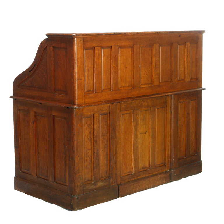 Antique Derby School Paneled Oak Roll Top Desk with Full Interior, C1900