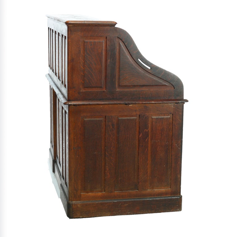 Antique Derby School Paneled Oak Roll Top Desk with Full Interior, C1900