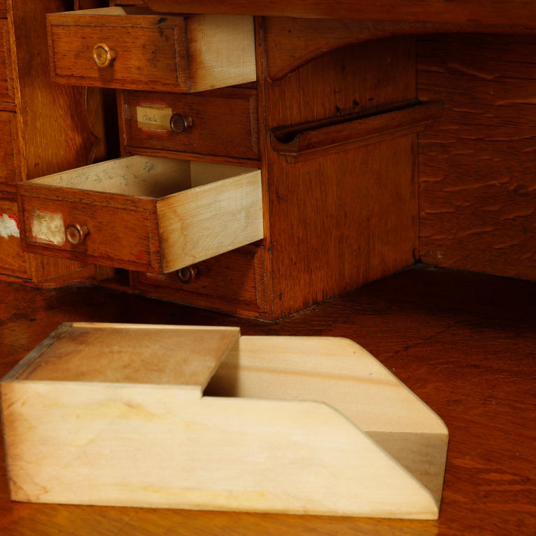 Antique Derby School Paneled Oak Roll Top Desk with Full Interior, C1900