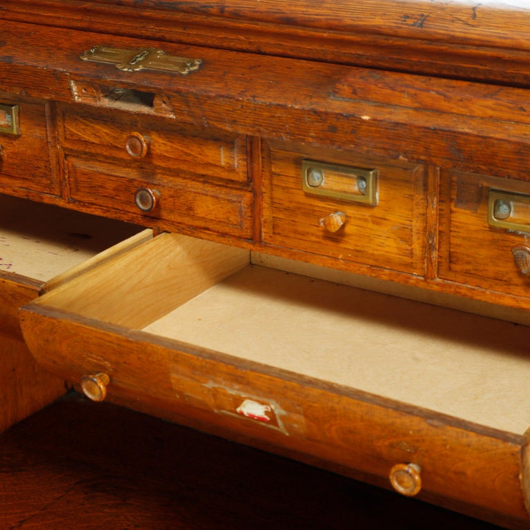 Antique Derby School Paneled Oak Roll Top Desk with Full Interior, C1900