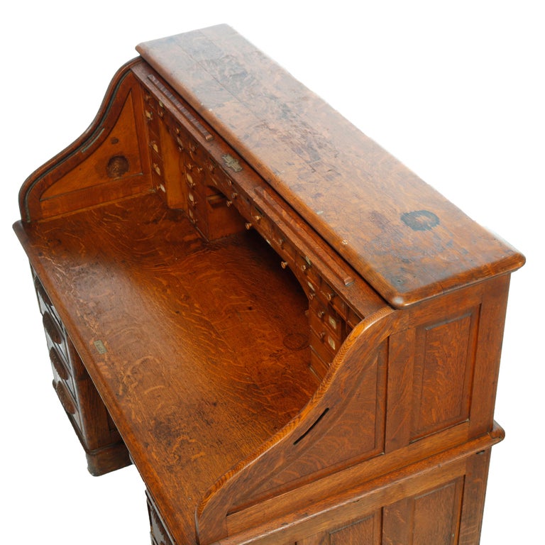 Antique Derby School Paneled Oak Roll Top Desk with Full Interior, C1900