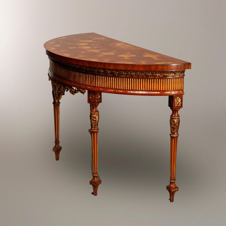 Maitland Smith Parcel Gilt Mahogany & Satinwood Marquetry Demilune Console Table
