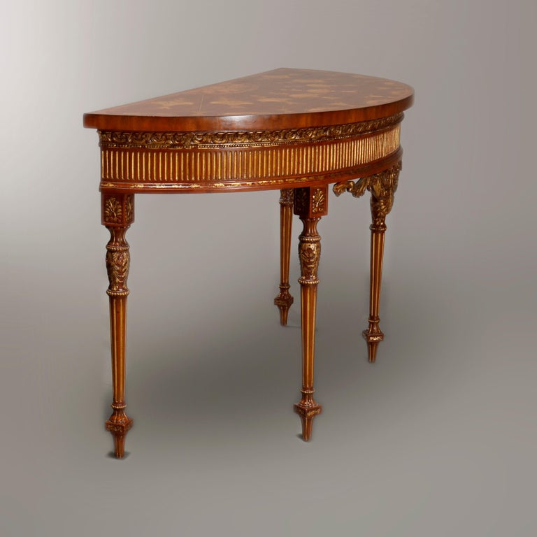 Maitland Smith Parcel Gilt Mahogany & Satinwood Marquetry Demilune Console Table