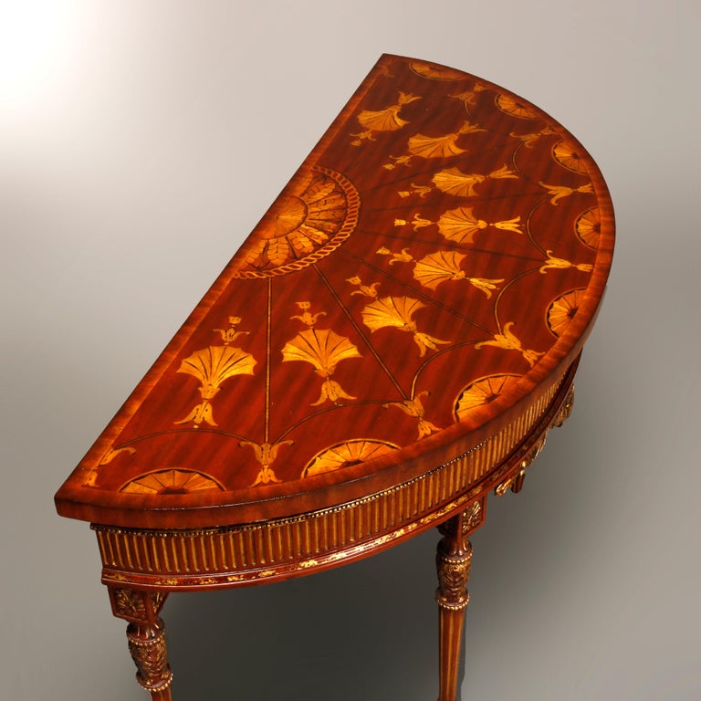 Maitland Smith Parcel Gilt Mahogany & Satinwood Marquetry Demilune Console Table