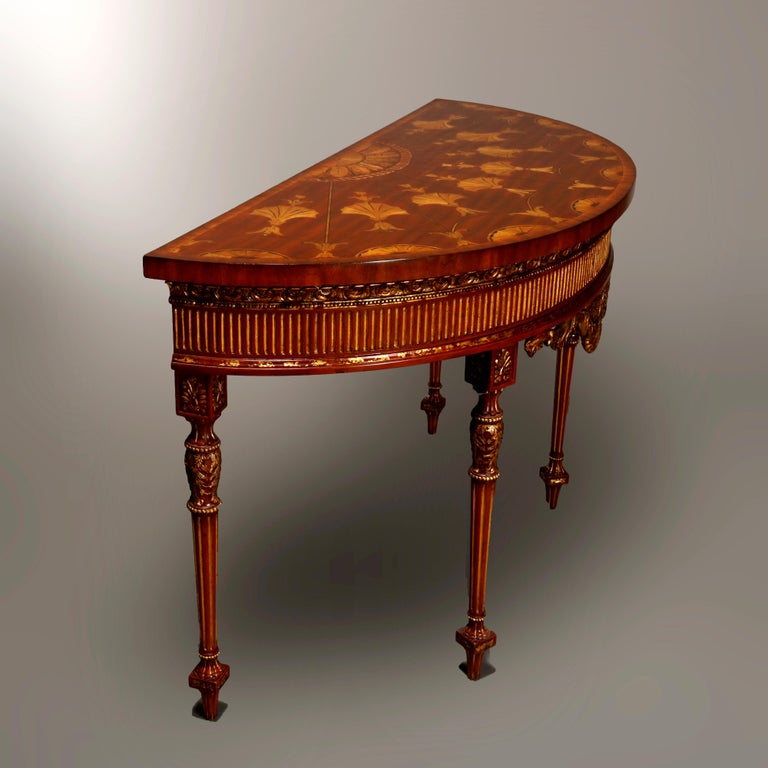 Maitland Smith Parcel Gilt Mahogany & Satinwood Marquetry Demilune Console Table