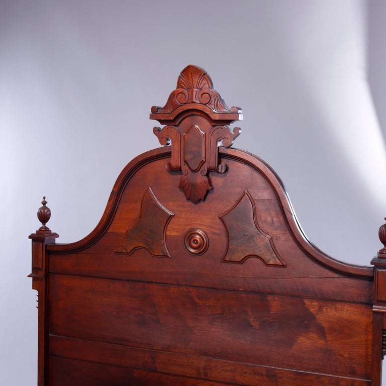 Antique Renaissance Revival Carved Walnut & Burl Bed, Circa 1890