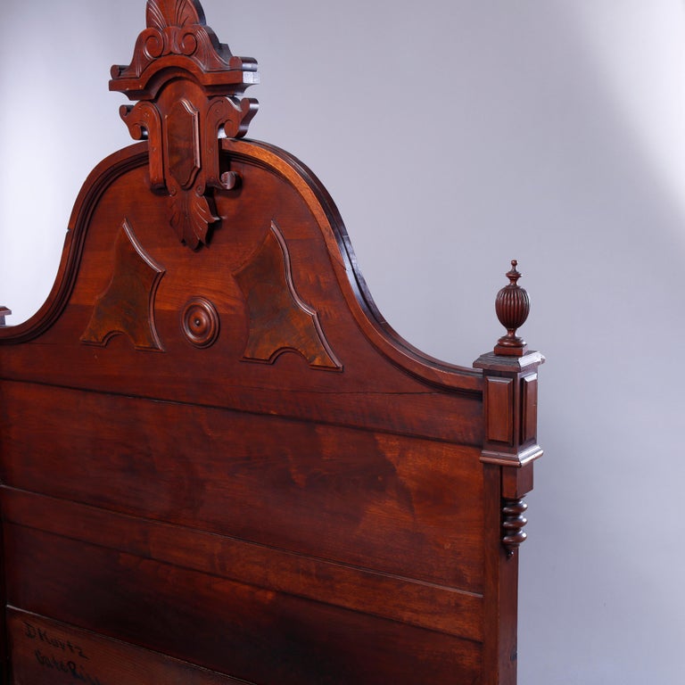 Antique Renaissance Revival Carved Walnut & Burl Bed, Circa 1890