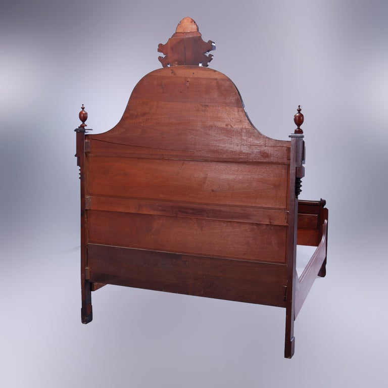 Antique Renaissance Revival Carved Walnut & Burl Bed, Circa 1890
