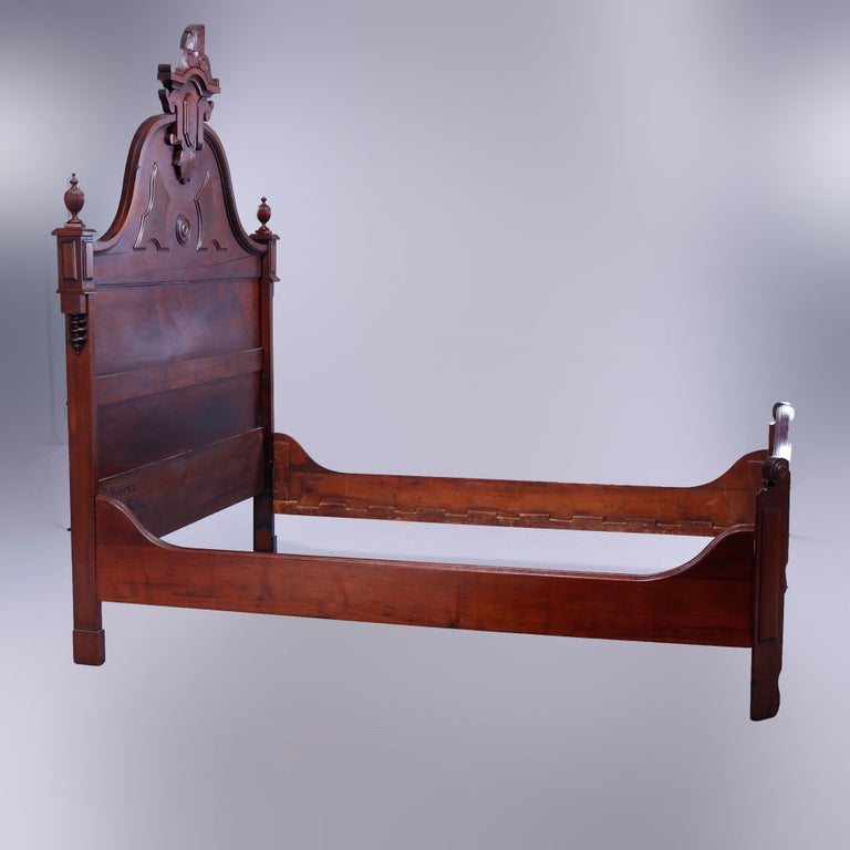 Antique Renaissance Revival Carved Walnut & Burl Bed, Circa 1890