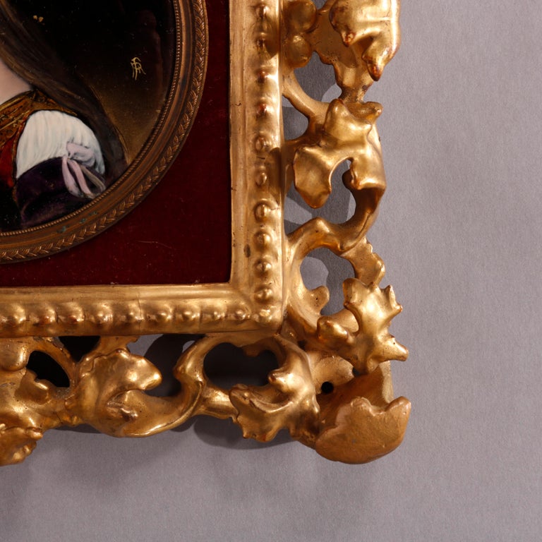 Antique Italian Enamel on Copper Portrait of Classical Woman in Giltwood Frame