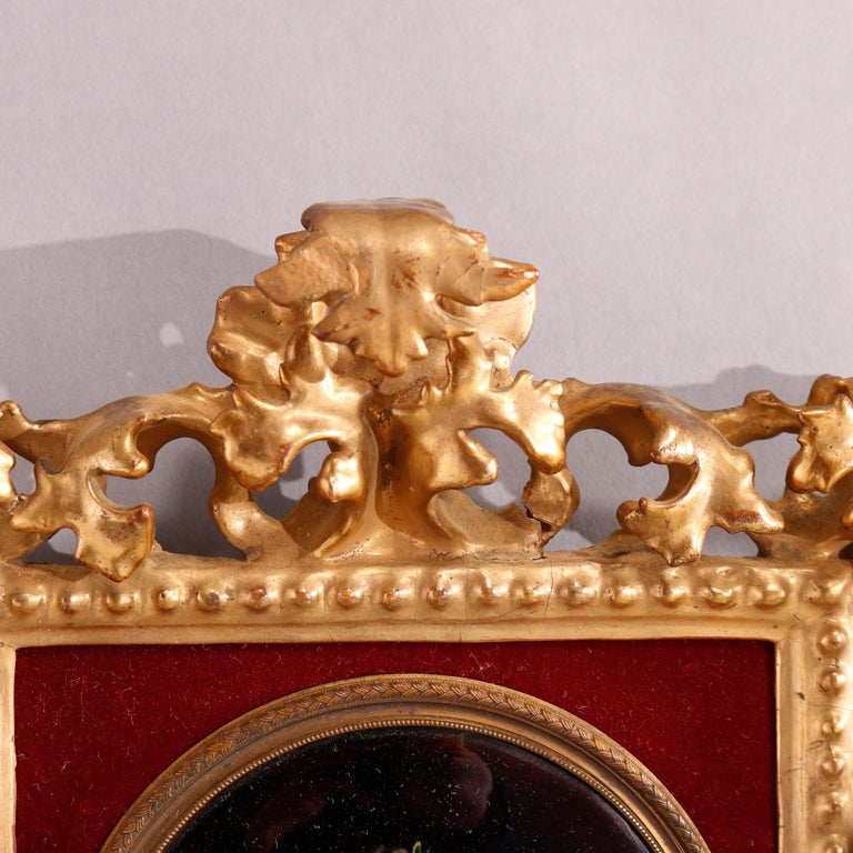Antique Italian Enamel on Copper Portrait of Classical Woman in Giltwood Frame