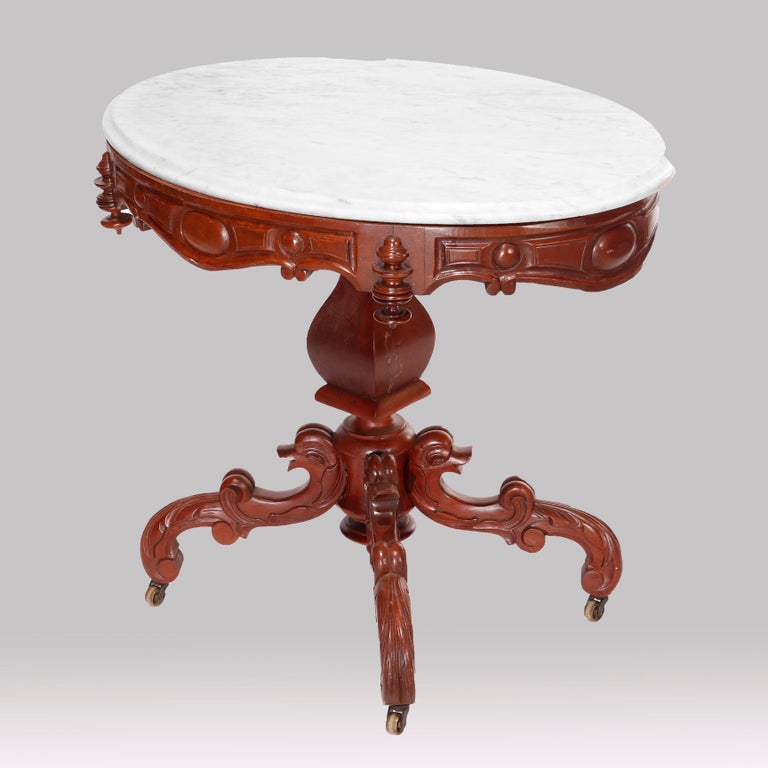 Antique Renaissance Revival Figural Carved Oval Marble Top Parlor Table, c1880