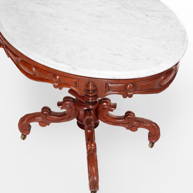 Antique Renaissance Revival Figural Carved Oval Marble Top Parlor Table, c1880