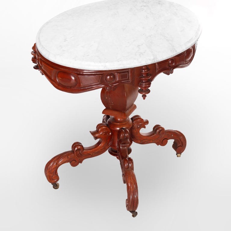 Antique Renaissance Revival Figural Carved Oval Marble Top Parlor Table, c1880