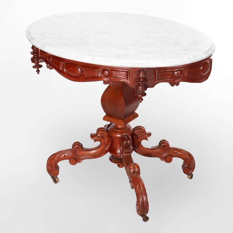 Antique Renaissance Revival Figural Carved Oval Marble Top Parlor Table, c1880