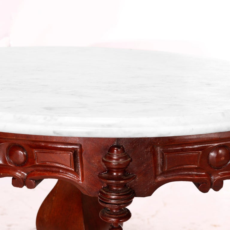 Antique Renaissance Revival Figural Carved Oval Marble Top Parlor Table, c1880