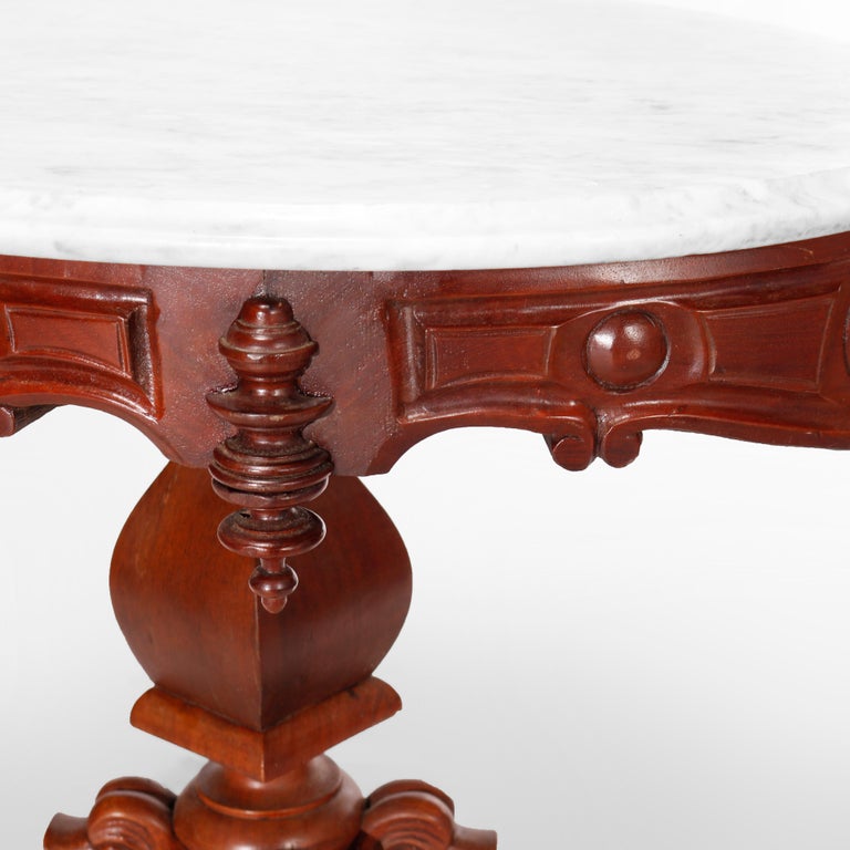 Antique Renaissance Revival Figural Carved Oval Marble Top Parlor Table, c1880