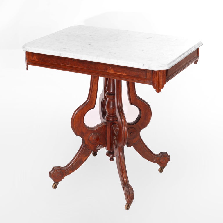 Antique Eastlake Walnut & Burl Marble Top Parlor Table circa 1890