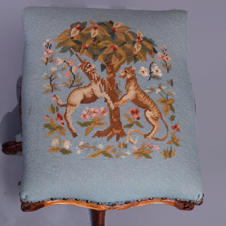 Antique Rococo Needlepoint & Walnut Revolving Stool, Unicorn & Tiger, c1880