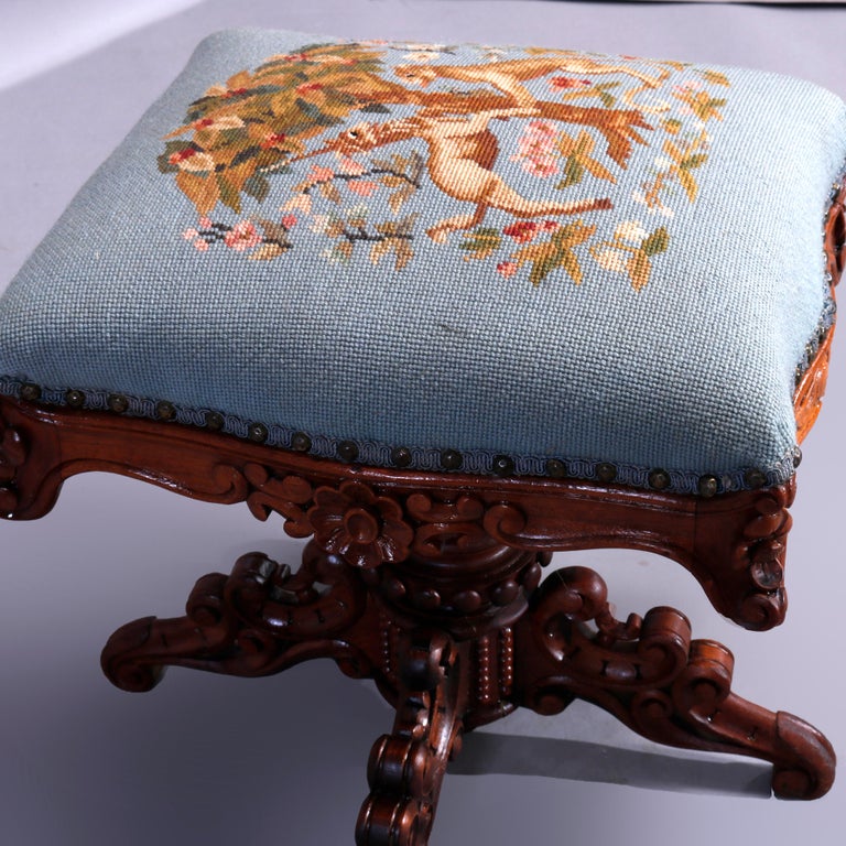 Antique Rococo Needlepoint & Walnut Revolving Stool, Unicorn & Tiger, c1880