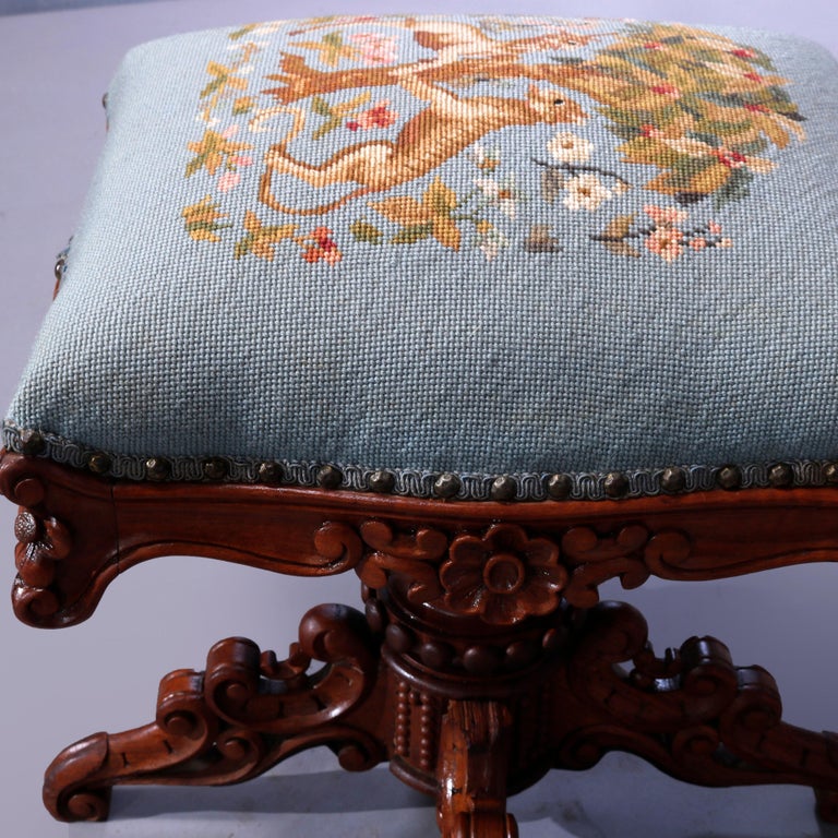Antique Rococo Needlepoint & Walnut Revolving Stool, Unicorn & Tiger, c1880