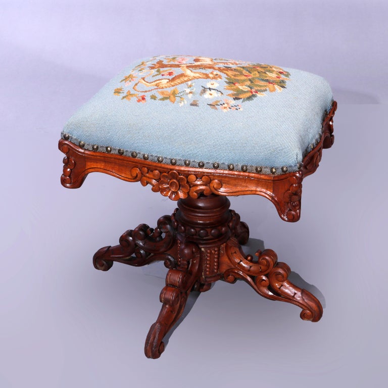 Antique Rococo Needlepoint & Walnut Revolving Stool, Unicorn & Tiger, c1880