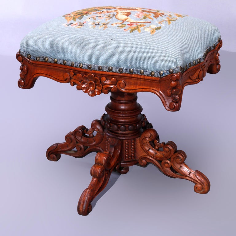Antique Rococo Needlepoint & Walnut Revolving Stool, Unicorn & Tiger, c1880