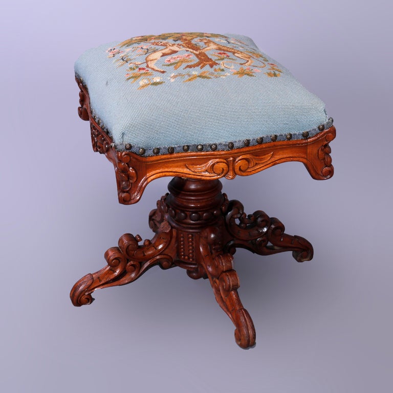 Antique Rococo Needlepoint & Walnut Revolving Stool, Unicorn & Tiger, c1880