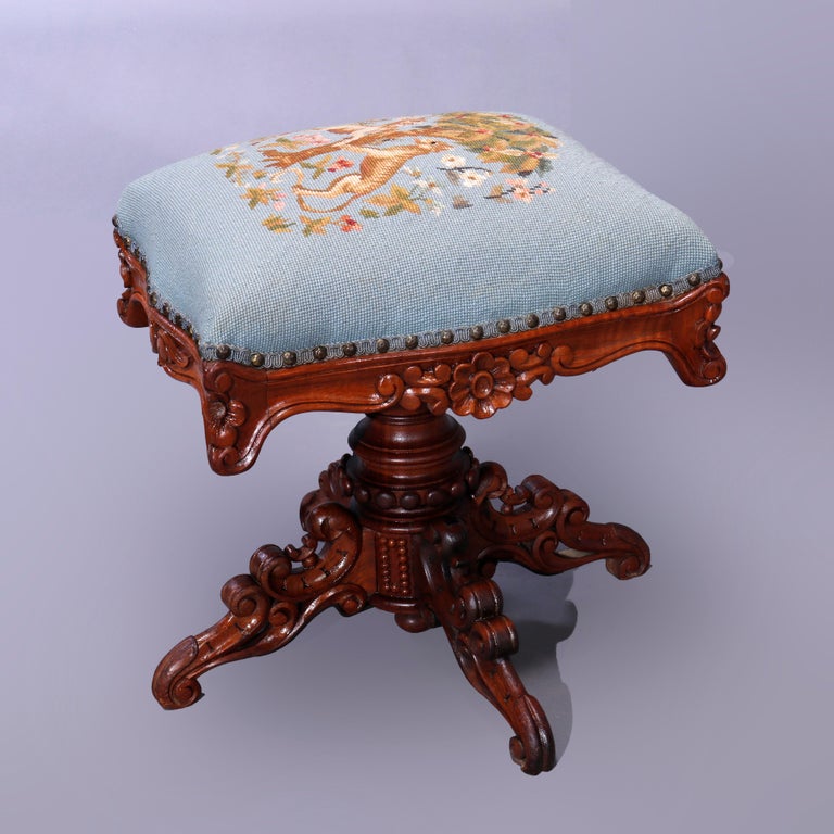 Antique Rococo Needlepoint & Walnut Revolving Stool, Unicorn & Tiger, c1880