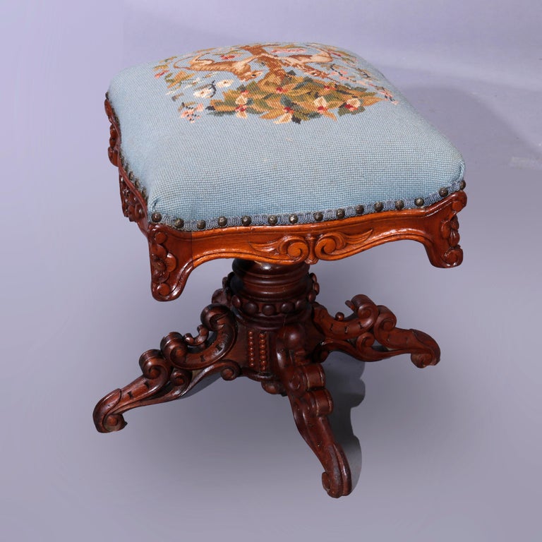Antique Rococo Needlepoint & Walnut Revolving Stool, Unicorn & Tiger, c1880