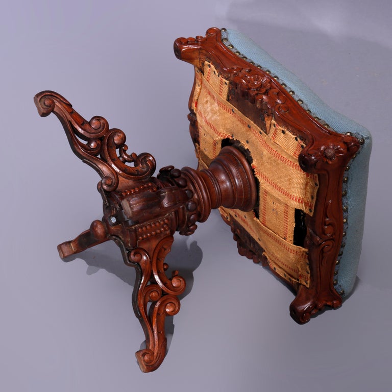 Antique Rococo Needlepoint & Walnut Revolving Stool, Unicorn & Tiger, c1880