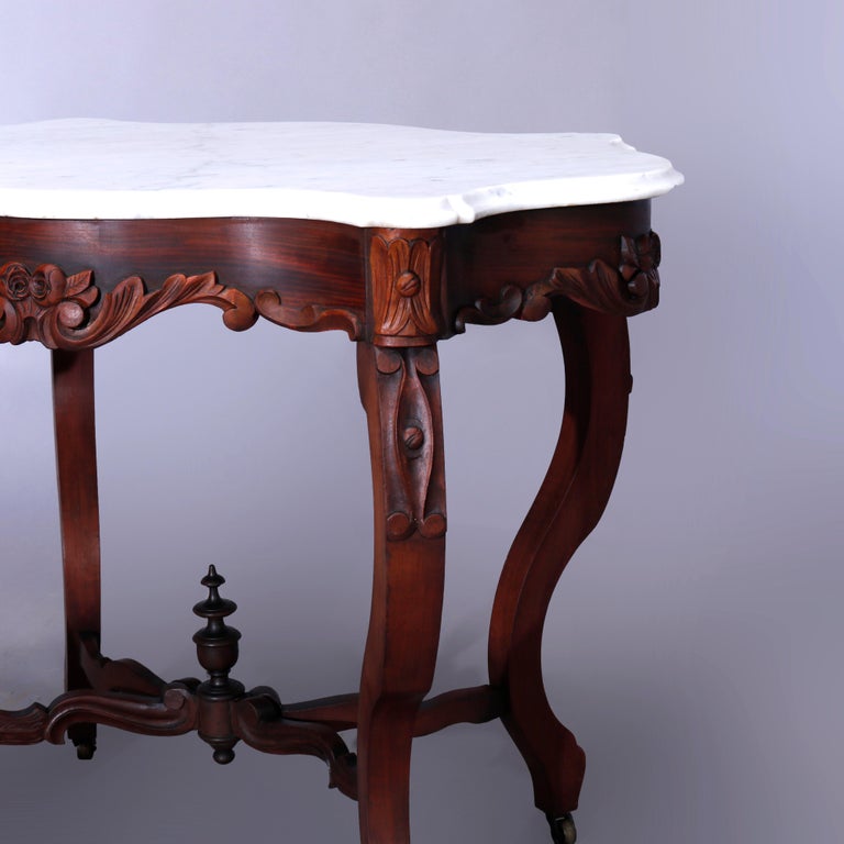 Antique Rococo Carved Walnut & Marble Turtle Top Parlor Table Circa 1880