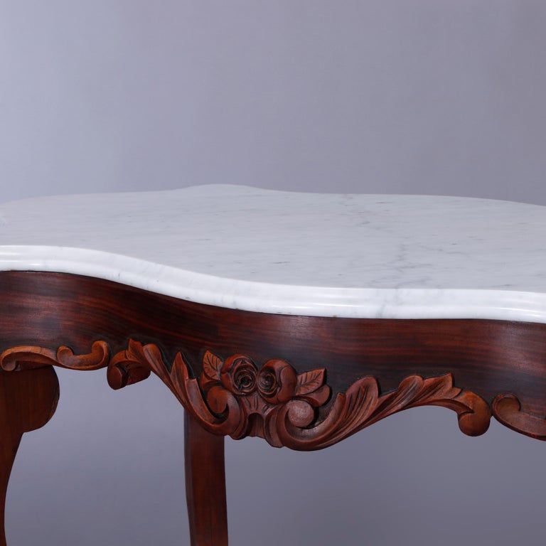 Antique Rococo Carved Walnut & Marble Turtle Top Parlor Table Circa 1880