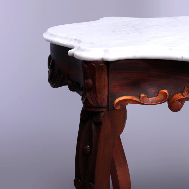 Antique Rococo Carved Walnut & Marble Turtle Top Parlor Table Circa 1880