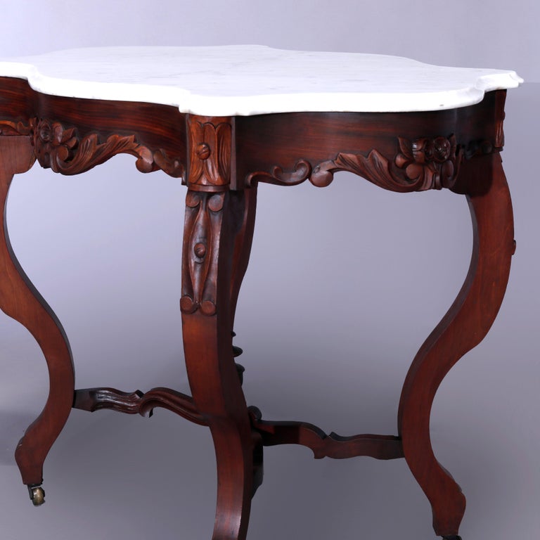 Antique Rococo Carved Walnut & Marble Turtle Top Parlor Table Circa 1880