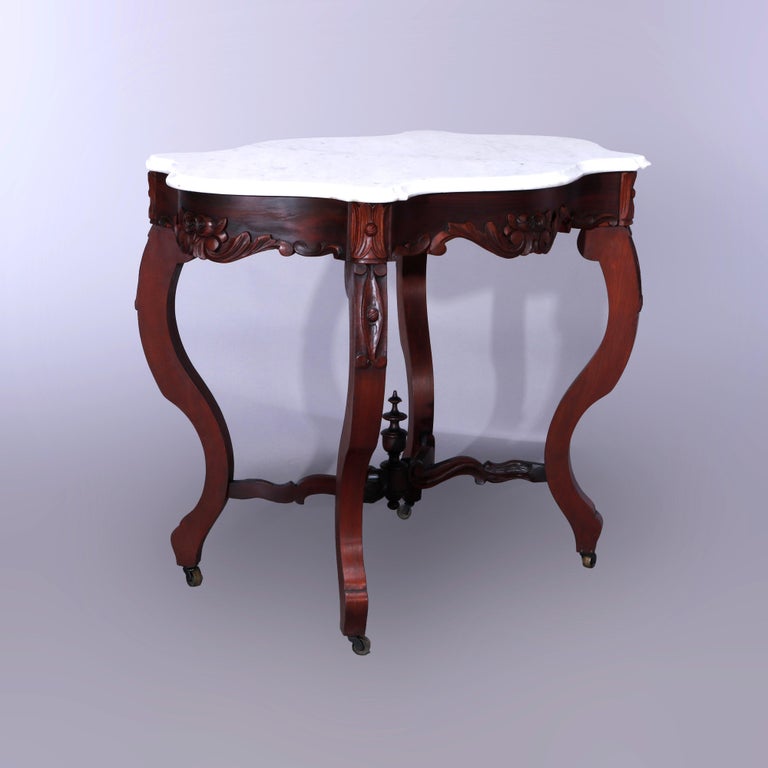 Antique Rococo Carved Walnut & Marble Turtle Top Parlor Table Circa 1880