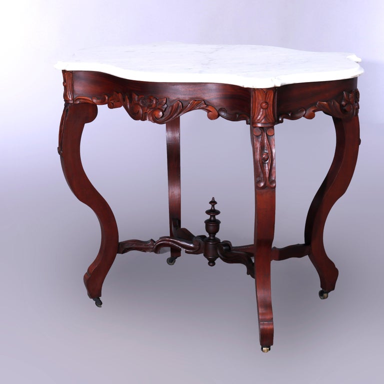 Antique Rococo Carved Walnut & Marble Turtle Top Parlor Table Circa 1880