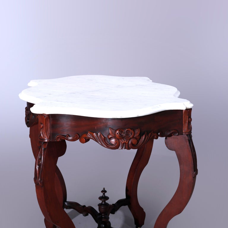 Antique Rococo Carved Walnut & Marble Turtle Top Parlor Table Circa 1880